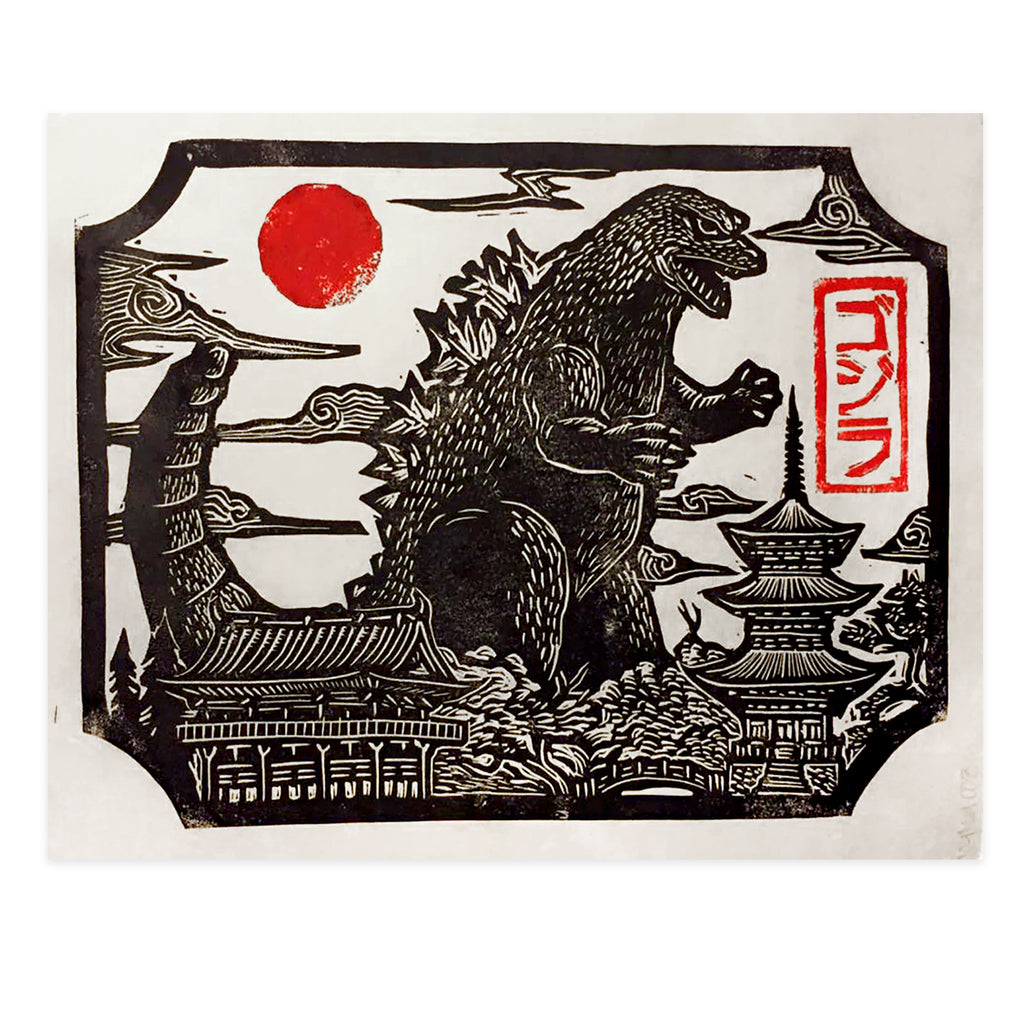 Godzilla in Japan linocut print