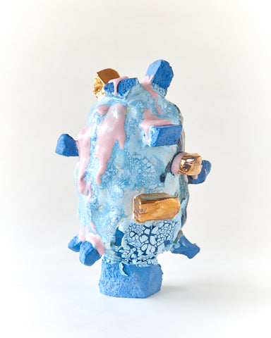 Bright Blue Vessel with Pink Melt + Gold Chunks
